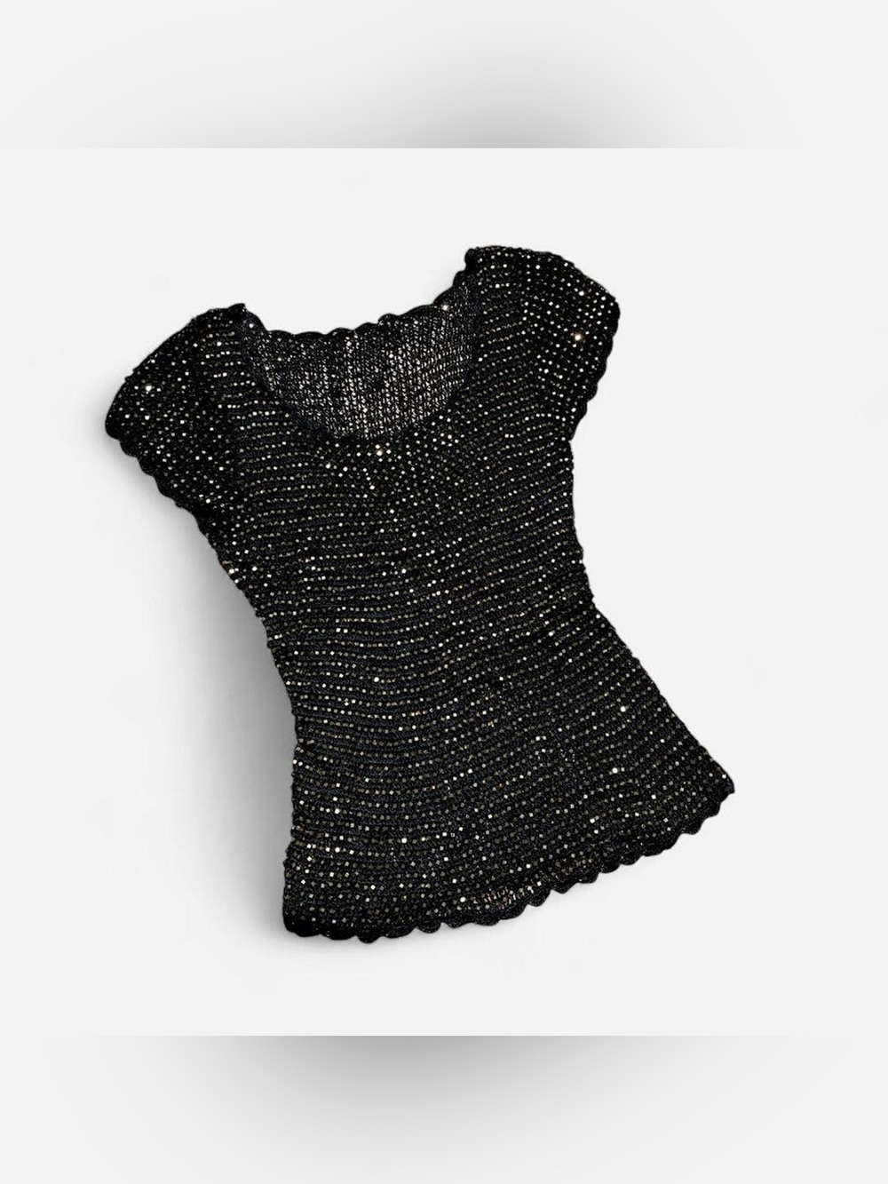 Black Beaded Crochet Short Sleeve Top - Gold Square Beads